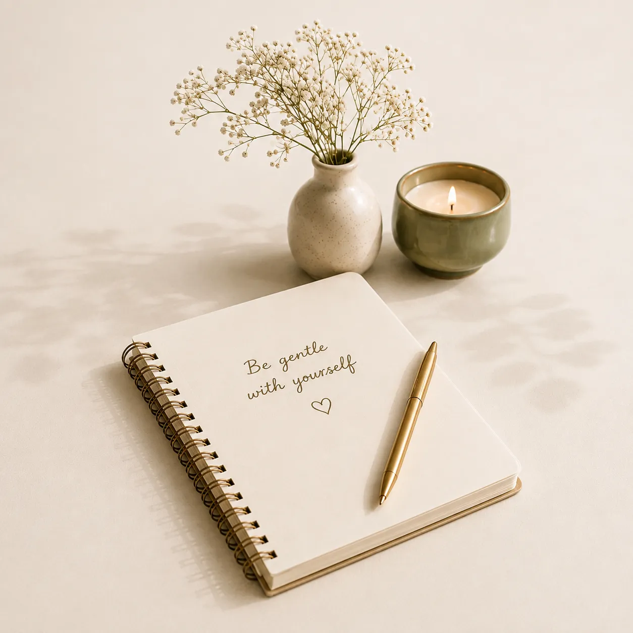 A notebook reading 'Be gentle with yourself' beside a gold pen, a lit candle and a small vase of dried flowers