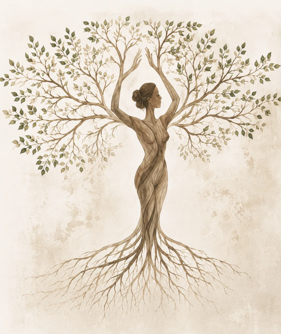 Watercolour illustration of a woman formed from a tree, her arms rising into leafy branches above deep roots